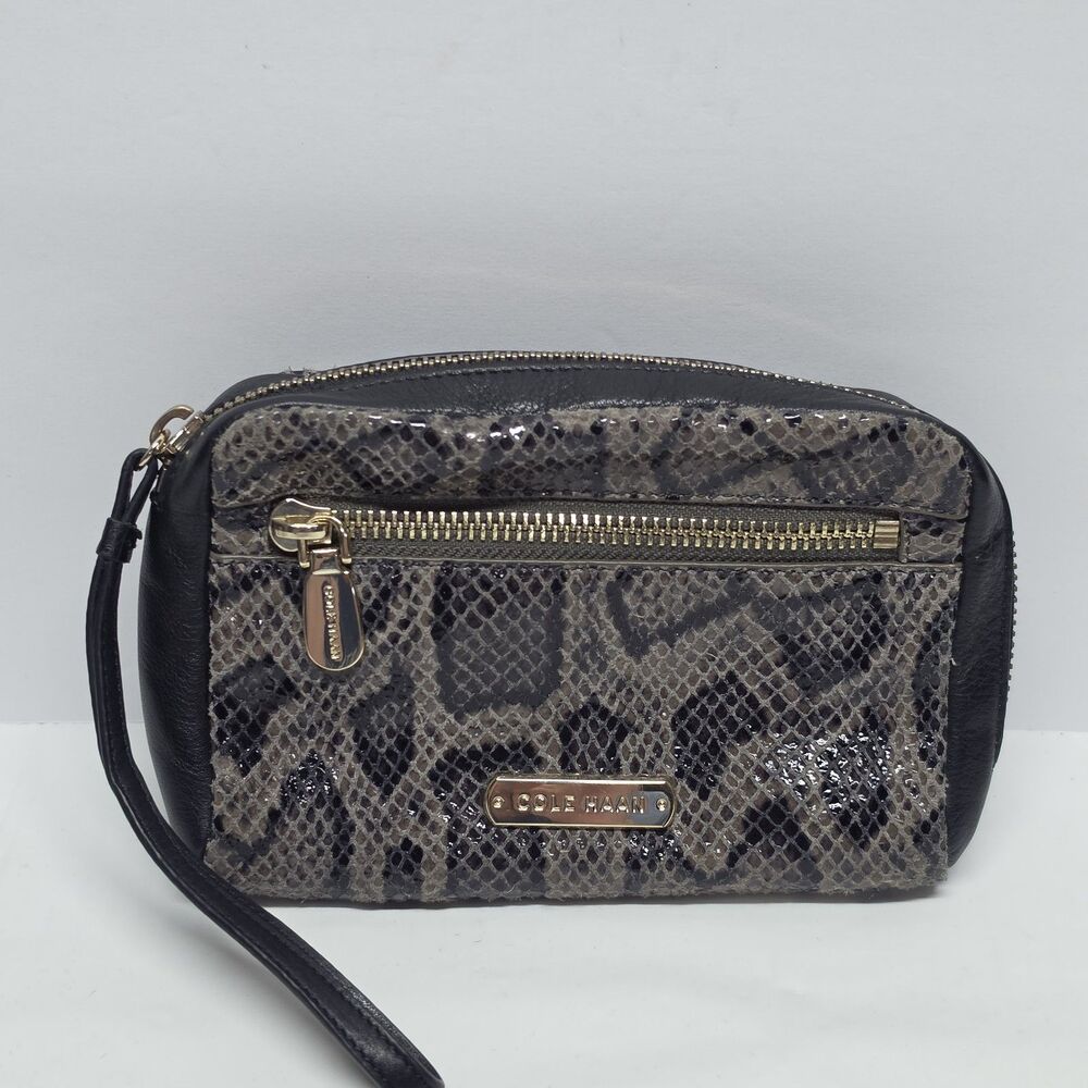 Cole Haan Python Snakeskin Print Genuine Leather Black Wristlet Wallet